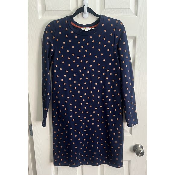 BODEN Blue Gold Polka Dot Cotton Sweatshirt Dress Sz 4R Comfort Preppy Party - Picture 2 of 8